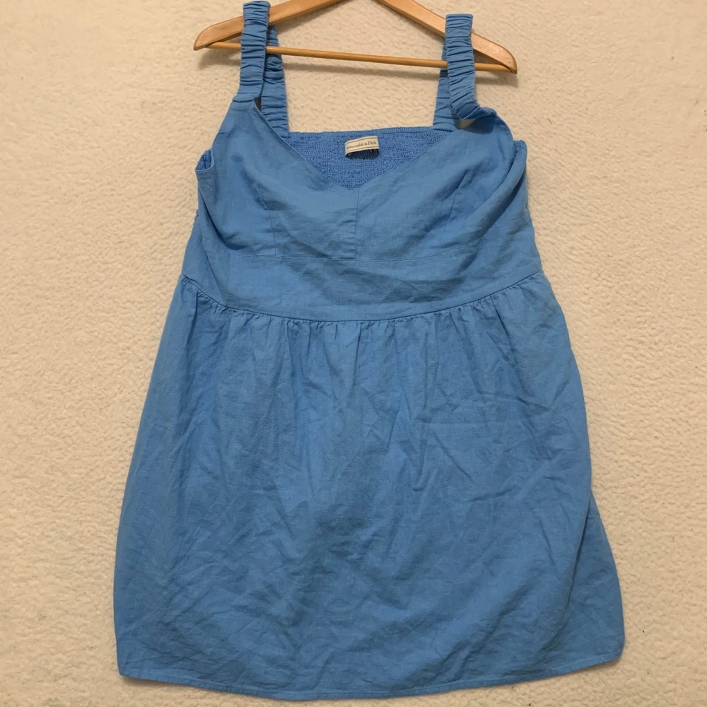 Abercrombie & Fitch Linen Blend Mini Dress Womens XL Smocked Back Babydoll Blue
